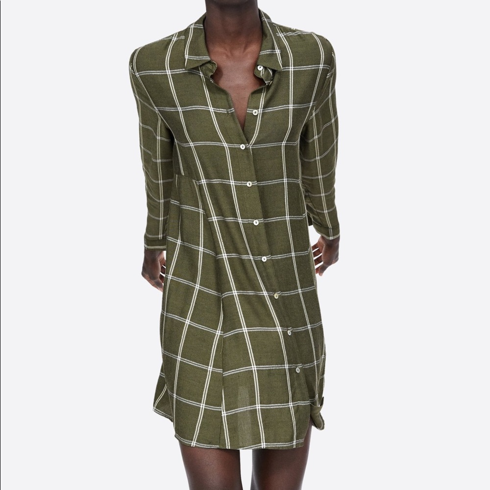 Zara green checkered shirt dress